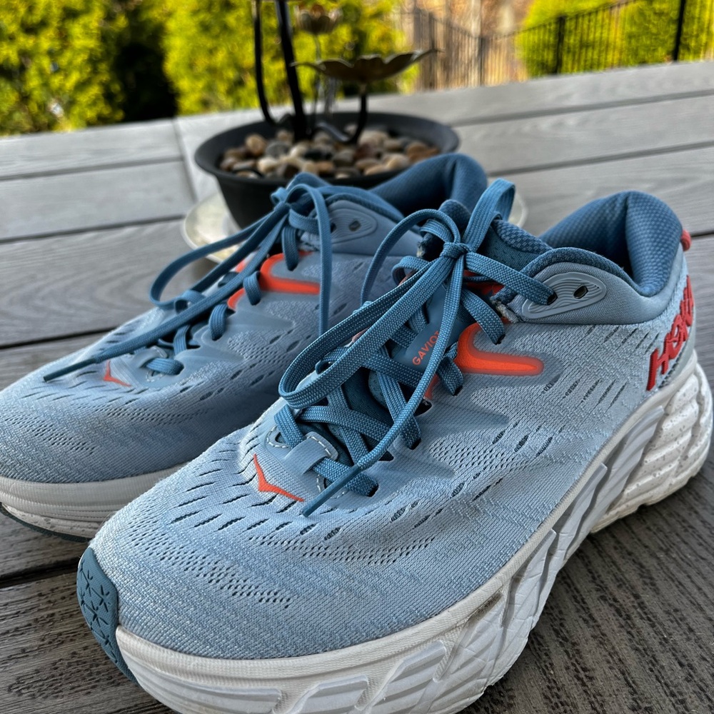 Hoka Light Blue Running Shoes with Coral Accents Size 7